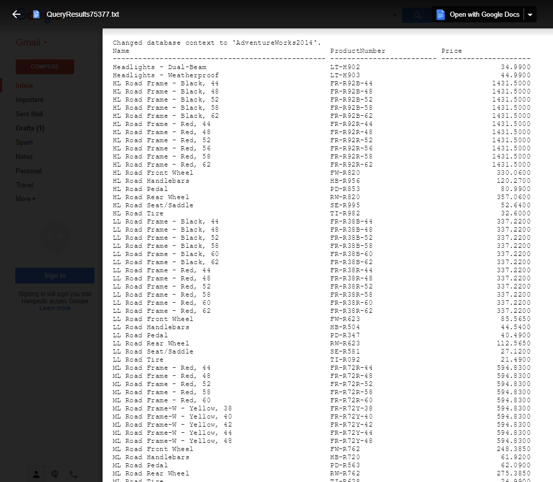 An opened e-mail attachment with results of a SELECT statement