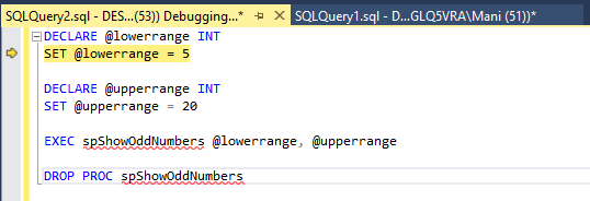 começando a depurar um procedimento armazenado na posição do cursor SQL - amarelo