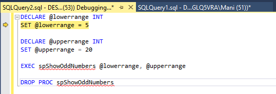  börjar felsöka en lagrad procedur i SQL-gul markörposition