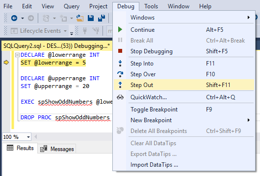Débogage SQL Server - Sortie