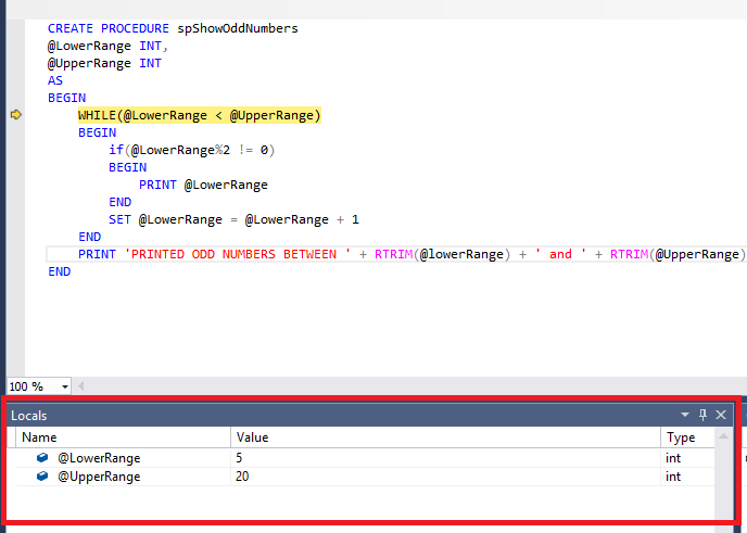 a depuração de SQL Server -o local janela