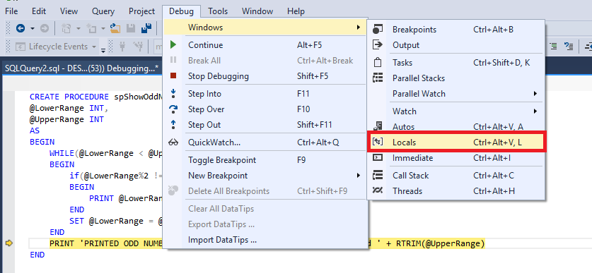 a depuração de SQL Server - Passo sobre - variáveis locais