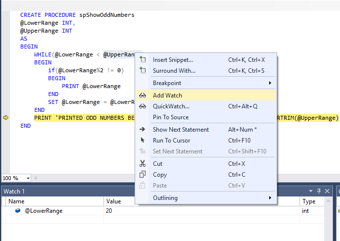SQL Server debugging in SSMS - adding a watch