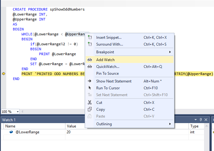 SSMSでのSQL Serverデバッグ-ウォッチの追加