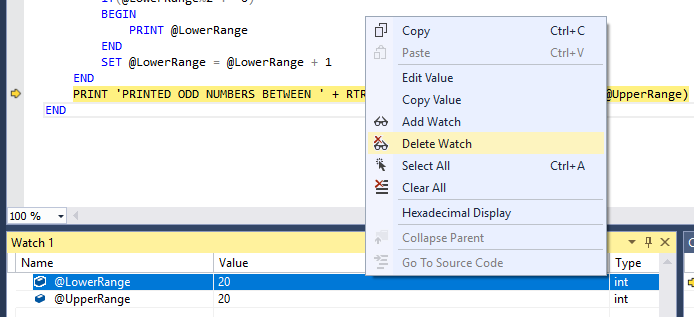 Débogage SQL Server dans SSMS - suppression d'une montre