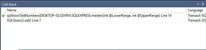 Débogage SQL Server dans SSMS - la pile d'appels