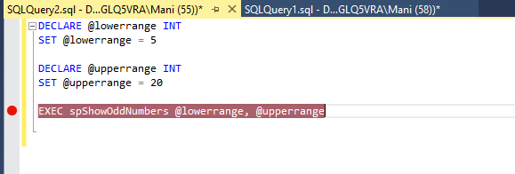 depuração de SQL Server no SSMS - pontos de interrupção