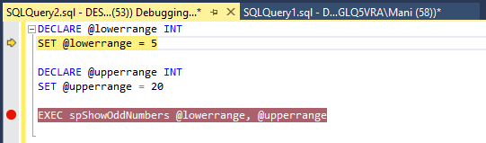 SQL Server debugging w SSMS-debugger rozpoczynający się w pierwszej linii skryptu