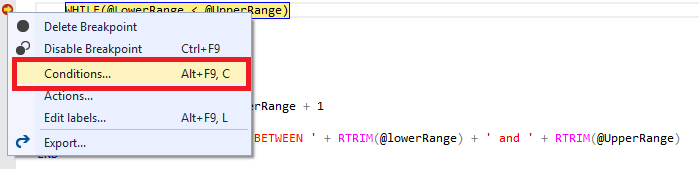 Débogage d'une procédure stockée SQL Server dans SSMS-Conditions