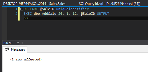 Script for inserting valid data through a stored procedure into Sales table