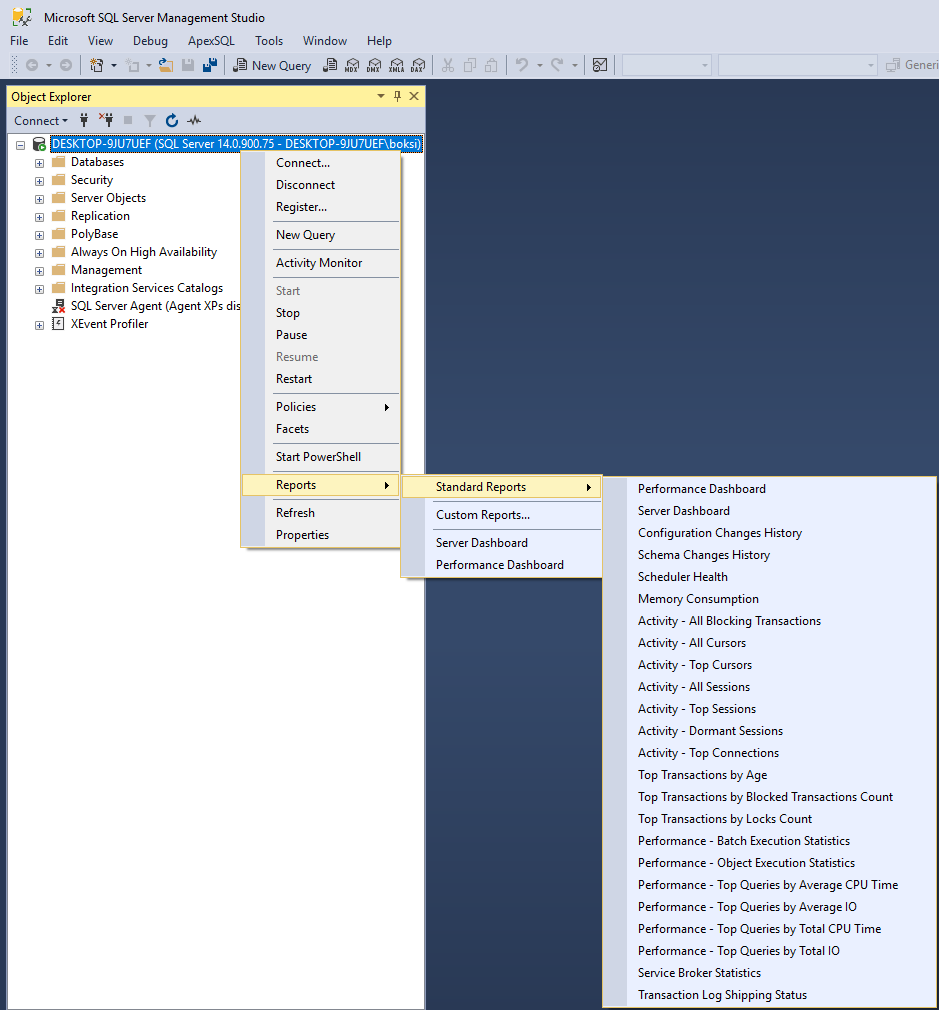 List of built-in Performance Reports in SSMS for tracking SQL Server performance