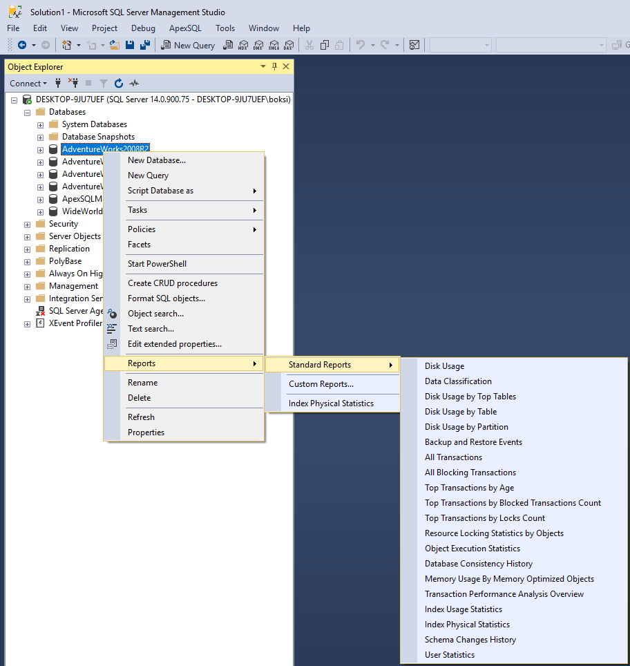 List of built-in Performance Reports on a database level in SSMS for tracking SQL Server performance