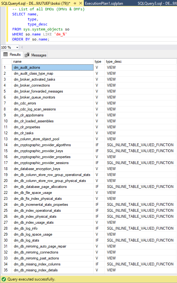 Script for returning list of all DMOs in SQL Server