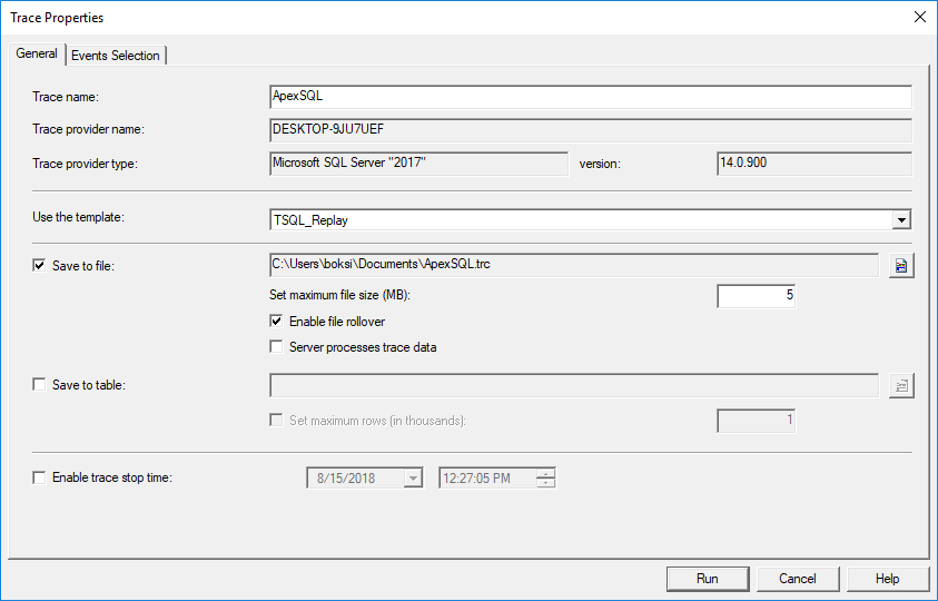 General tab of the Trace Properties window