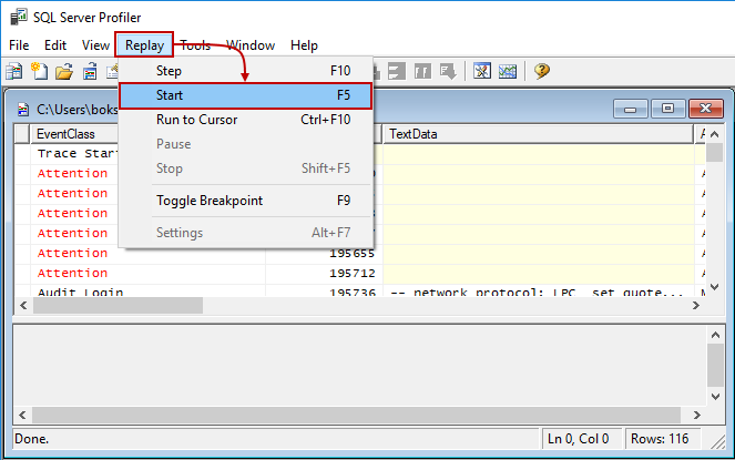 Opção para iniciar uma repetição de um traço no SQL Server Profiler