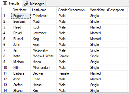 Results of a query that displays marital status and gender categories 
