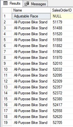 SQL outer join results example