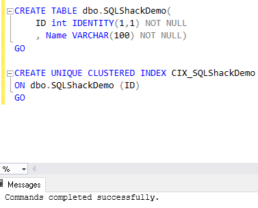 Create table and cluster index on the table