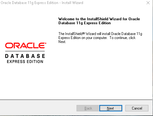 Download Oracle Express Edition 11g Release 2 installation wizard welcome screen