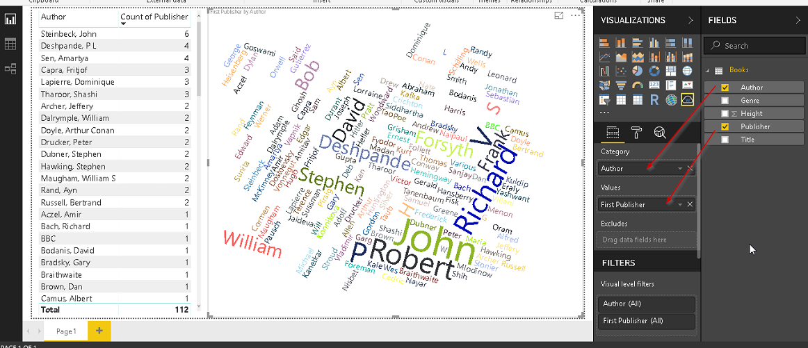 Drage the columns and View Word Cloud in Power BI