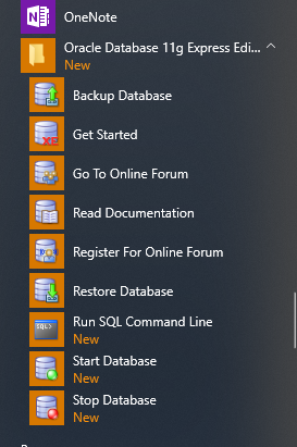 Oracle Express Edition 11g Release 2 in startup menu