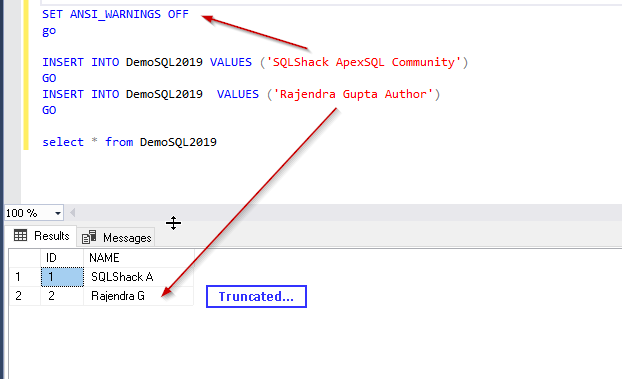 SET ANSI_WARNINGS off option to insert data