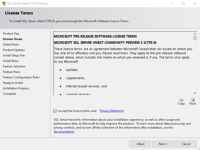 SQL Server Installation Center accept license terms