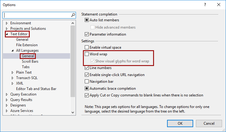 SSMS SQL layout text editor options - Word wrap