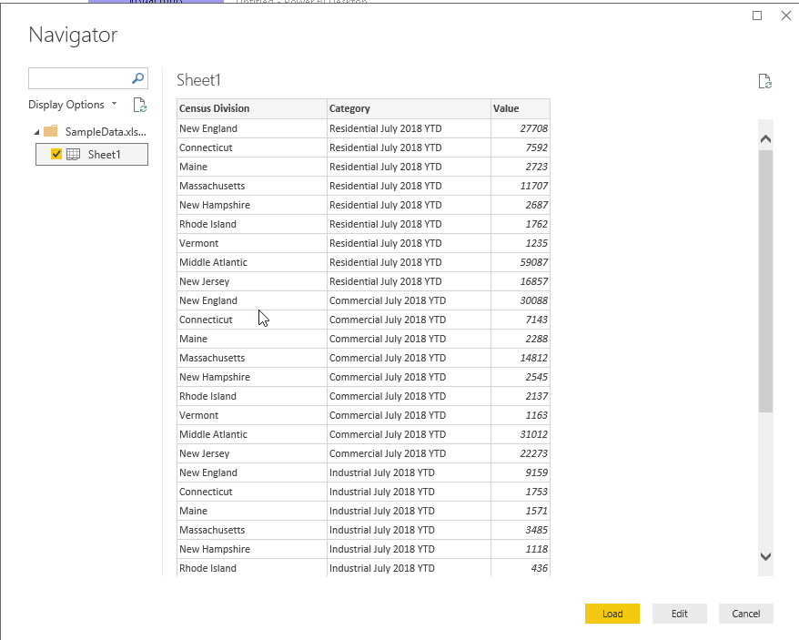 View Sample Data to Import Data from Excel in Power BI Desktop