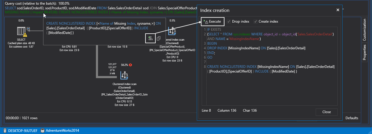 Index creation window in ApexSQL Plan for improving indexing strategy