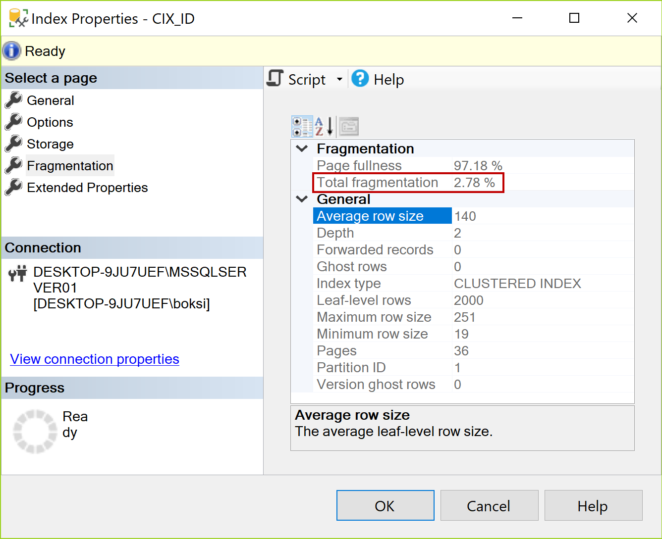 Index properties dialog in SSMS showing significant raise in Fragmentation percentage of a table