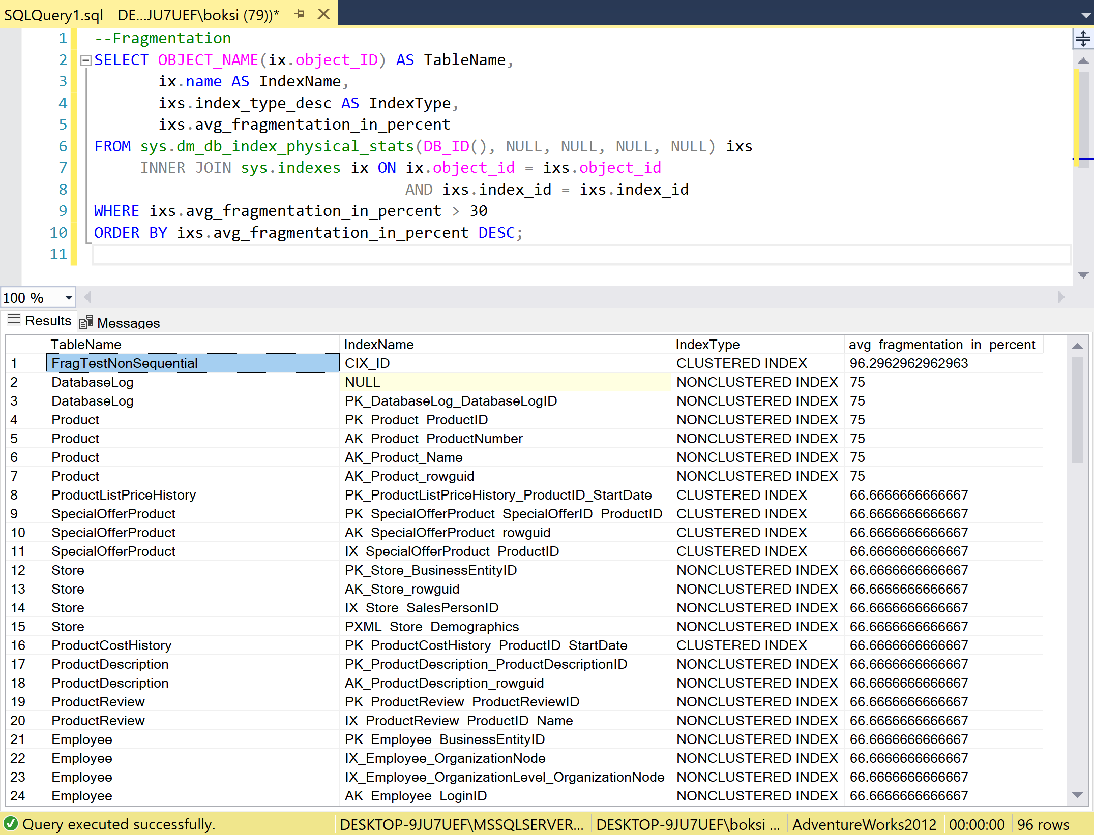 A successfully executed rebuild index script