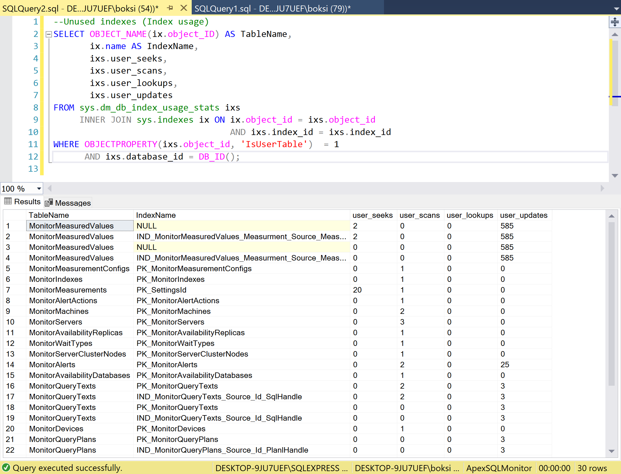 A successfully executed script in SSMS showing SQL indexes that are not being used