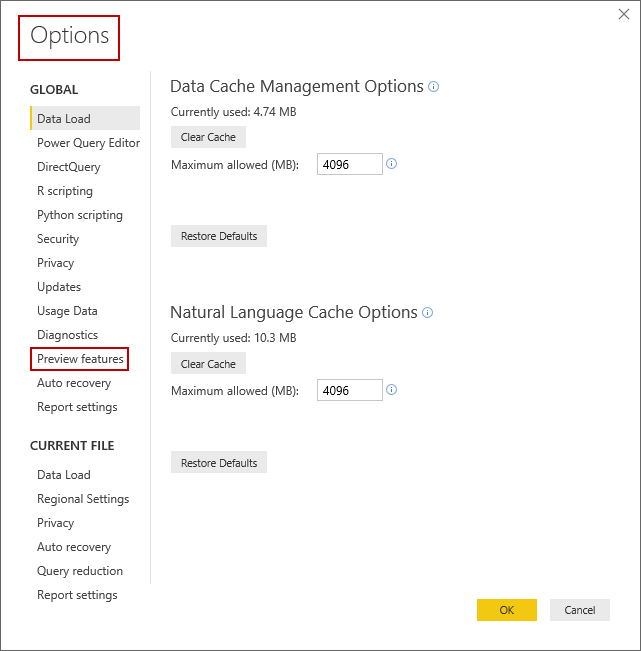 Configuring PowerBI options and settings
