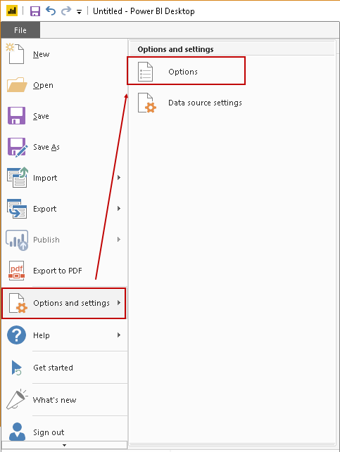 OPening PowerBI options and settings 