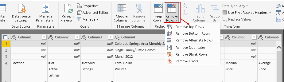 Removing rows from a PDF import with PowerBI