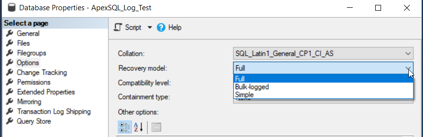 You can change the recovery model of an existing database from the Options page of the database properties window