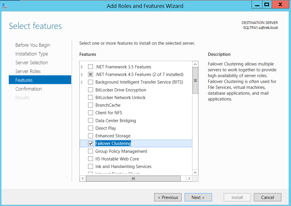 Add roles and features wizard - Failover clustering