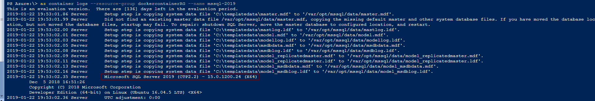 Azure PowerShell module - Az contianer logs commands to view the status of MS SQL 2019.