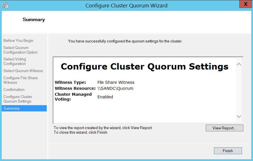 Configure cluser quorum wizard - summary