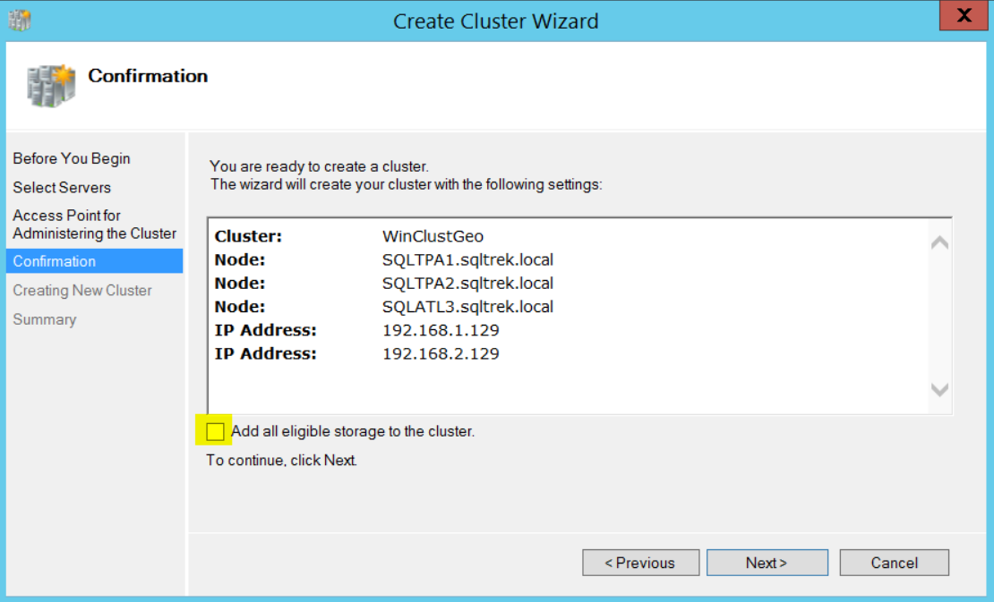 Create cluster wizard - confirmation