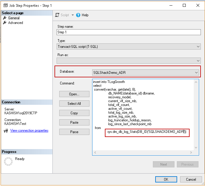 Create job on Accelerated Database Recovery database to capture log growth