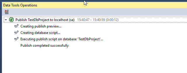 SQL developer unit testing - Data Tools Operations publish success message.