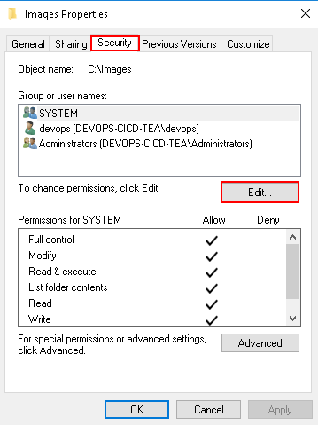 Database images shared folder security settings