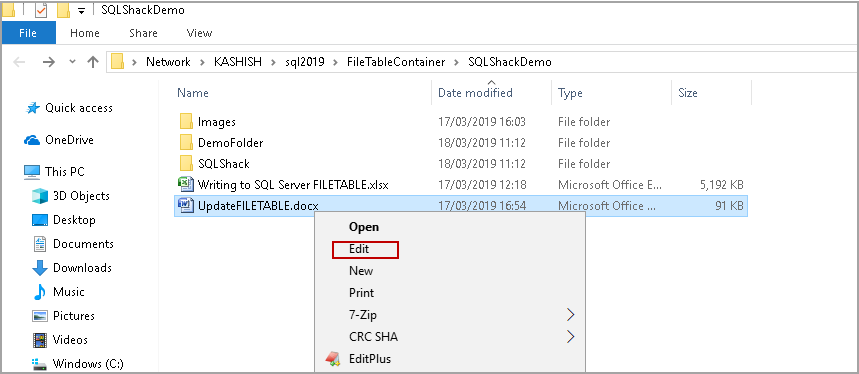 Edit SQL Server FILETABLE object