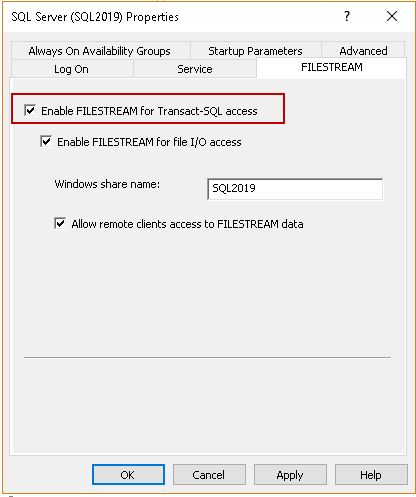 Enable FILESTREAM for Transact SQL access
