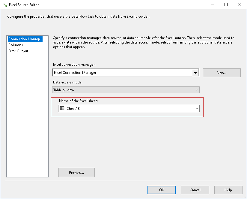 Importing compressed data into SQL Server: Configure the excel source in SSIS package