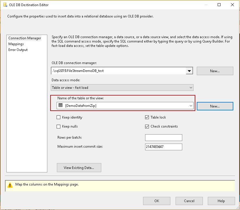Importing compressed data into SQL Server: Select the table name from the drop-down list