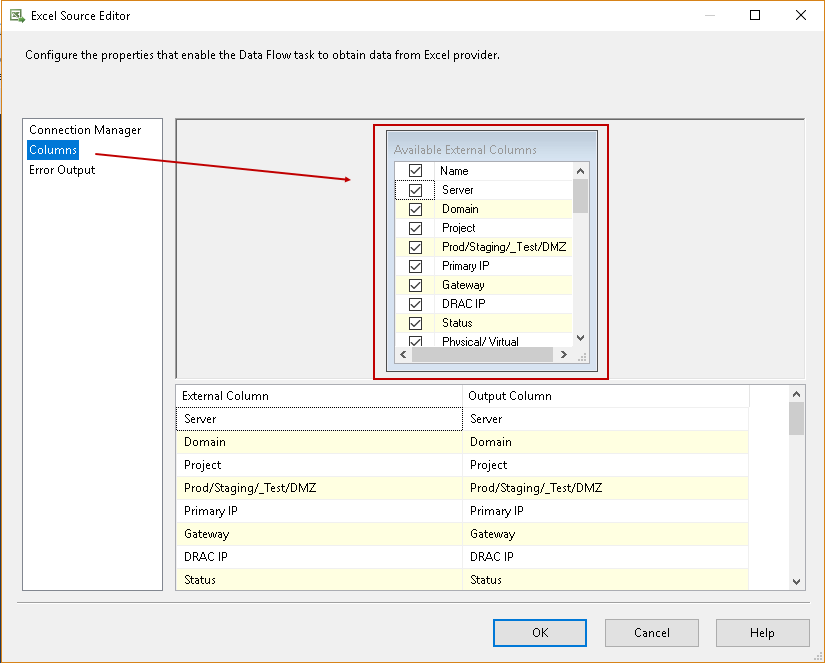 Importing compressed data into SQL Server: verify the mapping between External and Output column