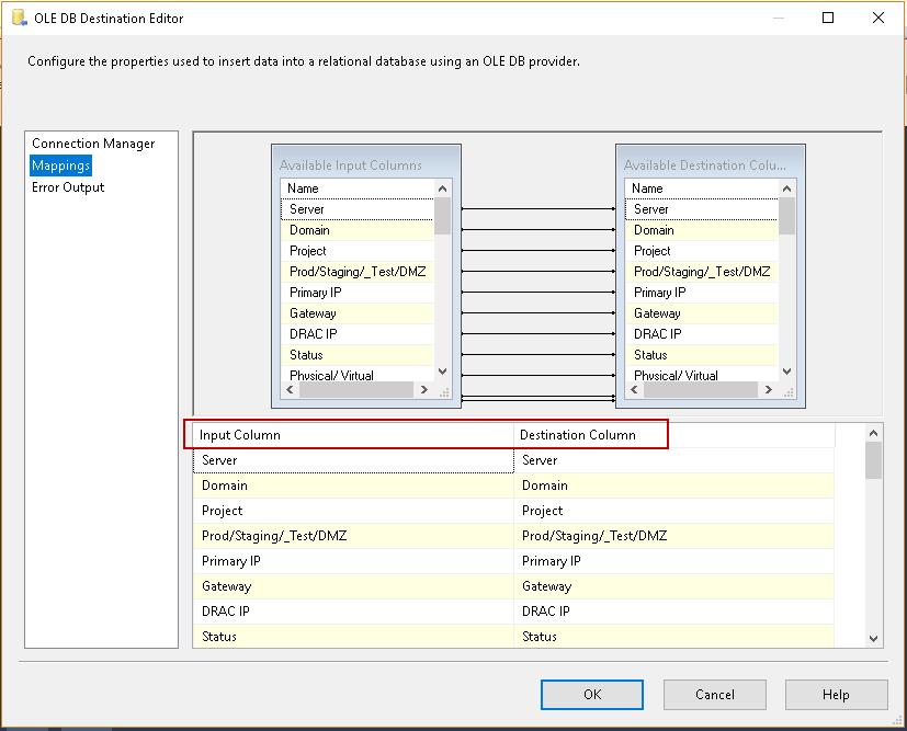Importing compressed data into SQL Server: Verify the mapping between Input and Destination Column